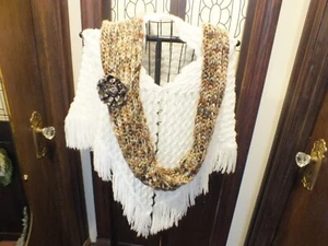 Upcycled Repurposed Infinity Scarf Knit Earth Tones Handmade Removea Flower Pin - Picture 1 of 4