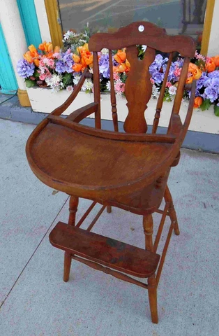 Antique Solid Oak High Chair with Tray and Footrest Cover