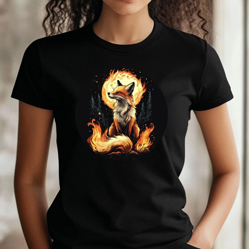 Frauen T-Shirt Fuchs in Flammen Motiv Baumwolle Größe S bis 3XL - Bild 1 von 1