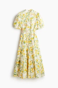 H&M LONG COTTON DRESS MAXI PUFF-SLEEVE LEMON SUMMER YELLOW GREEN S SMALL 8 36 - Picture 1 of 6