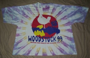 VTG 1999 WOODSTOCK TIE DYE T SHIRT L/XL ? 90s DOUBLE SIDED 99 ROME NY FESTIVAL - Picture 1 of 5