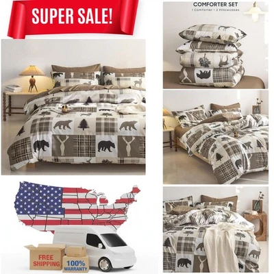 Conjunto de edredom rústico duplo/gêmeo XL - animais da floresta e detalhes em xadrez, 3 peças - Imagem 1 de 4