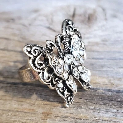 Anillo de Cóctel Brillante Vintage Cristal Transparente Mariposa Plata Y2K Años 90 Foto 1 de 4