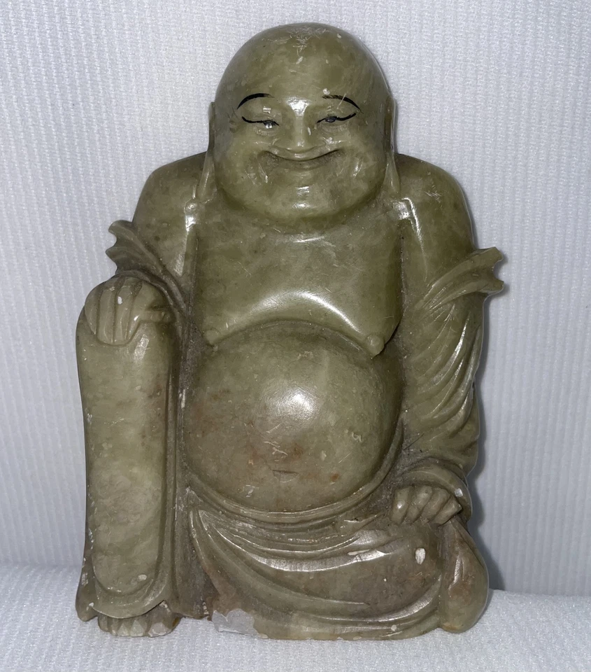 Китайский камень Будда улыбающийся ручной резьбы фигурка бумаги вес 4 x 3 x 1 дюймов Zen - Изображение 1 из 4