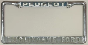 Marco de placa de metal vintage de concesionario Burlingame Ford Peugeot CA - Imagen 1 de 3