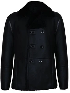 Herren schwarz deutsch zweireihig echtes Lammfell Shearling Lederjacke Mantel - Bild 1 von 5