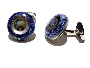 Enzone Shirt Cufflinks Silver Tn Lapis Blue Green Abalone shell Glass - Picture 1 of 1