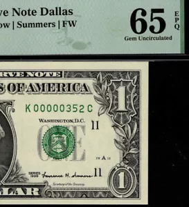 1999 $1 Federal Reserve Note Low 3 digit Serial Number Dallas K00000352C PMG 65 - Picture 1 of 4