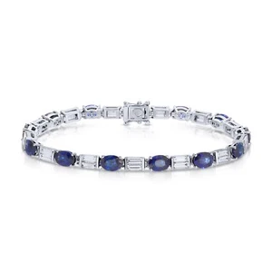 Natural 15.27Ct Vivid Blue Sapphire & G VVS Baguette Diamond Bracelet 18k Gold - Picture 1 of 4