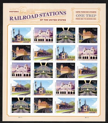 NEW #5758-62 - Railroad Stations (forever) 2023 Issue- MNH Sheet of 20 (5 diff) - Image 1 of 2
