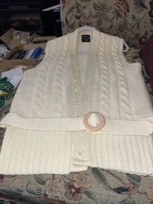 Vintage Towncraft Mens  XL Cable Knit Sweater Belted Vest Cardigan 1970’s Cream - Image 1 of 4