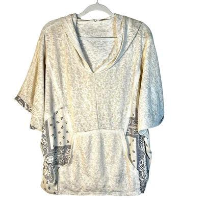 POL Oversized Hooded Top Beige Bandana Paisley Trim Women L Trending Casual - Image 1 of 4