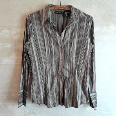 865. Blusa verde vintage a rayas ajustada manga larga y2k abotonada, M Foto 1 de 4