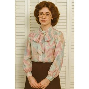 Devon Button Front Tie Neck Secretary Blouse Multicolor Long Sleeve Vtg 70s - Picture 1 of 7
