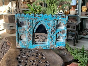 Antique Handcrafted Wooden Blue Arch Shape Rajasthani Jarokha Mirror Frame - Picture 1 of 9