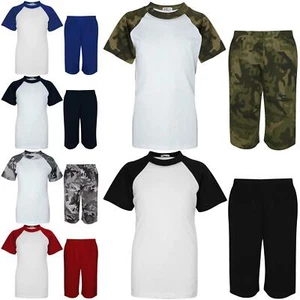 Kids Raglan Style Pyjamas Contrast T Shirt Shorts Loungewear Girls Boys Age 5-13 - Picture 1 of 44