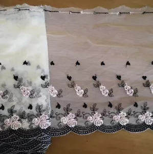 4.5 Yard 8" Wide Baby Yellow Tulle Lace with Embroidered Pink/Black Flower xh073 - Picture 1 of 3