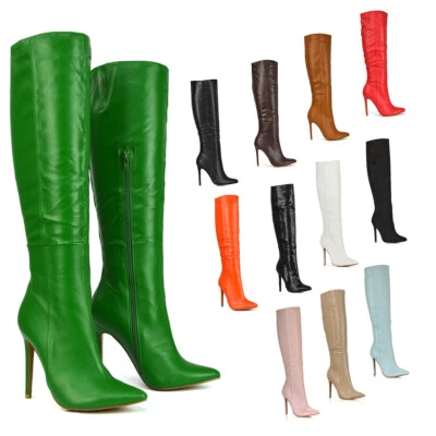 Para mujer Botas altas a la rodilla Tacón alto medio Damas Puntera puntiaguda Zapatos Tallas 3-8 Foto 1 de 4