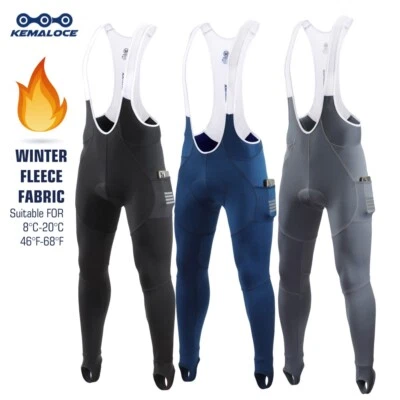 KEMALOCE Cycling Pants Men Long Winter Fleece Black&Blue Bicycle Bike Bib Pants - Image 1 of 4