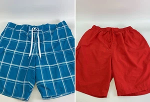 Lot of 2 Swim Trunks OP Ocean Pacific Blue Plaid Dolfin Red Drawstring Mens XXL - Picture 1 of 16