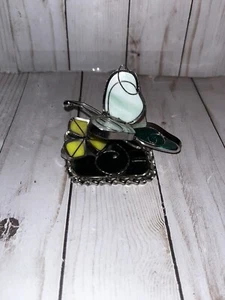 Stained Glass Pink Blue Green Butterfly & Flower Figurine Vintage - Picture 1 of 4