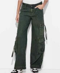 Wild Fable Green Washed Denim Cargo Jeans Size 12 Mid Rise Wide Leg NWT - Picture 1 of 3