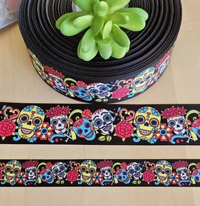7/8 & 1.5" (1 YD) Sugar Skulls Grosgrain Ribbon Day Of The Dead Dia De Muertos - Picture 1 of 1