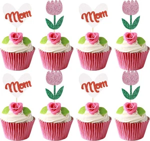 24Pcs Happy Mother's Day Cupcake Toppers Pink Glitter Tulip Flower Cupcake Picks - Picture 1 of 4