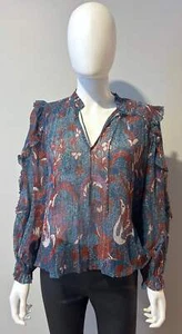 Ulla Johnson Red and Teal Floral Lurex ruffle blouse Size 2 - Bild 1 von 6