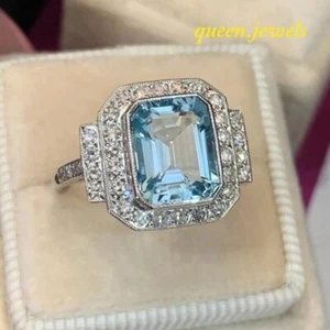 Emerald Cut 2.54CT Lab-Created Aquamarine Engagement Halo Ring 14K White Gold FN - Picture 1 of 6