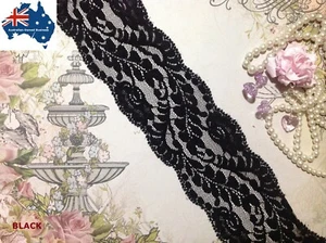 70 mm Wide Black Vintage Stretch Lace Trim Flower Bilateral Scallop Edge P/Metre - Picture 1 of 3