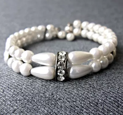 Vintage Armband klar Strass & Kunstperlen 2 Stränge verdrahtet ausziehbar - Bild 1 von 4