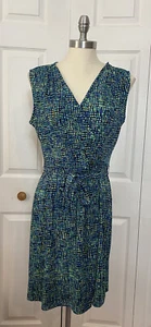Apt. 9 Size Medium Green & Blue Tech Print Faux Wrap Dress Belted Sleeveless M - Picture 1 of 5