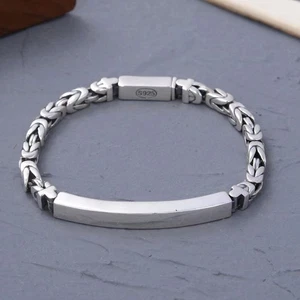S925 Pure Silver Handcrafted Chain Men Smooth Elegant Silver Bracelet Ancient - Picture 1 of 12