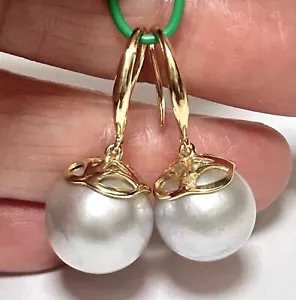 Round 12.8mm Indonesian Silver White Indonesian South Sea Pearl Dangle Earrings - Picture 1 of 7
