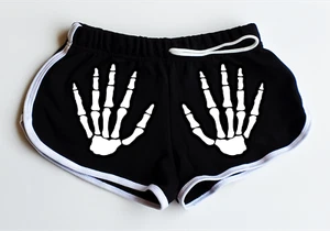 Horror Halloween Front Hands Bones Women's Black Shorts White Edges All Sizes - Picture 1 of 2
