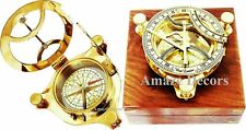 4'' Brass Sundial Compass Maritime Vintage Working Compass with Wood Box lot 20
