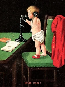 1906 Postal UDB Bebé Rojo Zapatos y Abrigo Rojo Llamando a Su Papá Por Teléfono - Imagen 1 de 5