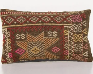 VINTAGE PILLOW TURKISH WOOL RECTANGLE HAND WOVEN EMBROIDERED AREA RUGS 20"x12" - Picture 1 of 3