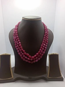 545 Carat Ruby Corundum Gemstone Carving Oval Beads 17'' 3 Line String Necklace - Picture 1 of 11