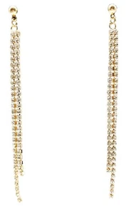 Women Long Rhinestone Double Tassel Earrings Sparkling Dangle Silver Gold Studs - Picture 1 of 4