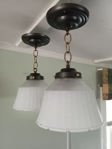 Vintage Pair of Prismatic and Milk Glass Pendant Lights Art Deco 1940s Cover