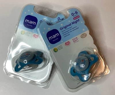 NEW 2X MAM ORIGINAL NIGHT 0-6 MONTHS BLUE SILICONE PACIFIERS- GLOWS IN THE DARK - Image 1 of 4