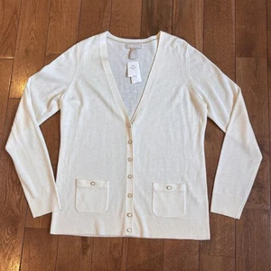 NWT Womens Banana Republic Long Cardigan Sweater Ivory Gold Wool Blend sz L - Picture 1 of 10