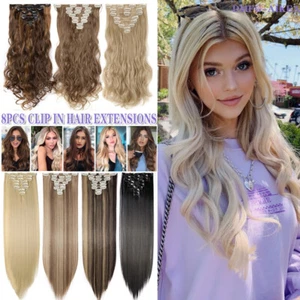 US 100% Natural Curly Straight Hair Extensions 8 Pcs Long Real Thick for Human - Picture 1 of 55