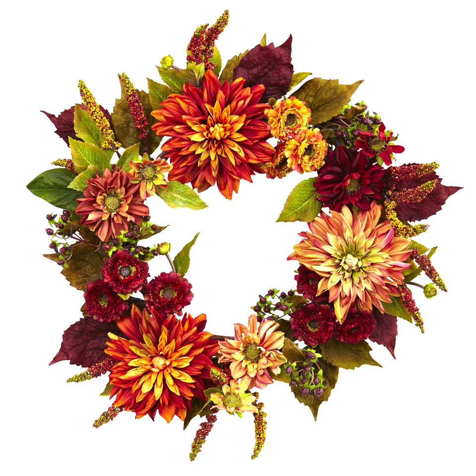 Nearly Natural 22” Dahlia & Mum Wreath Realistic Artificial Home Decoration - Image 1 of 1
