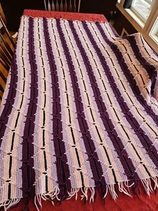 Vintage Handmade Crochet Afghan Blanket Fringe, 72" X 63", Purples, Pink & Black - Picture 1 of 3