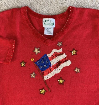 Vintage Quaker Factory Red American Flag USA Sequins Sweater Women’s Size Medium - Image 1 of 4