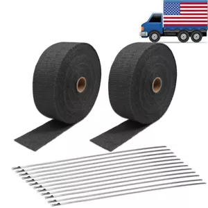 2" 50Ft Black Fiberglass Header Motorcycle Pipe Exhaust Heat Wrap 12 Tie 2 Rolls - Picture 1 of 2