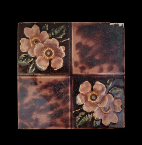 Antique Victorian Fire Place Pottery Tile Brown w/ Flowers 6" Cover